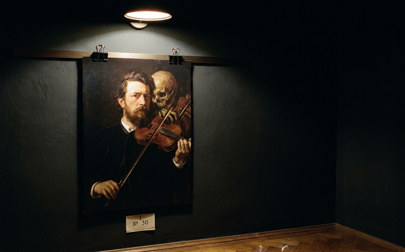Selbstbildnis mit fiedelndem Tod · in der Galerie-Installation