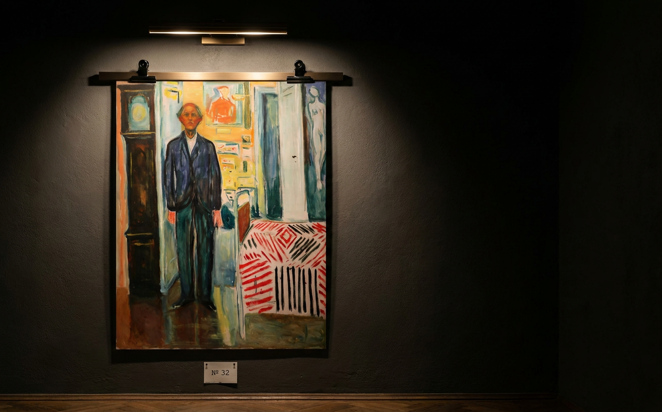 Selbstbildnis zwischen Uhr und Bett · in der Galerie-Installation